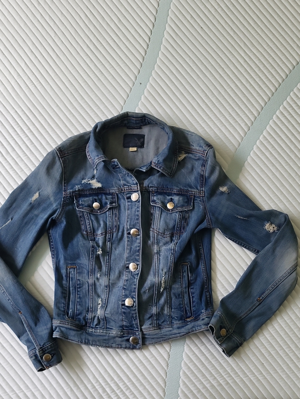 American Eagle Outfitters Distressed Blue Denim Trucker Jacket